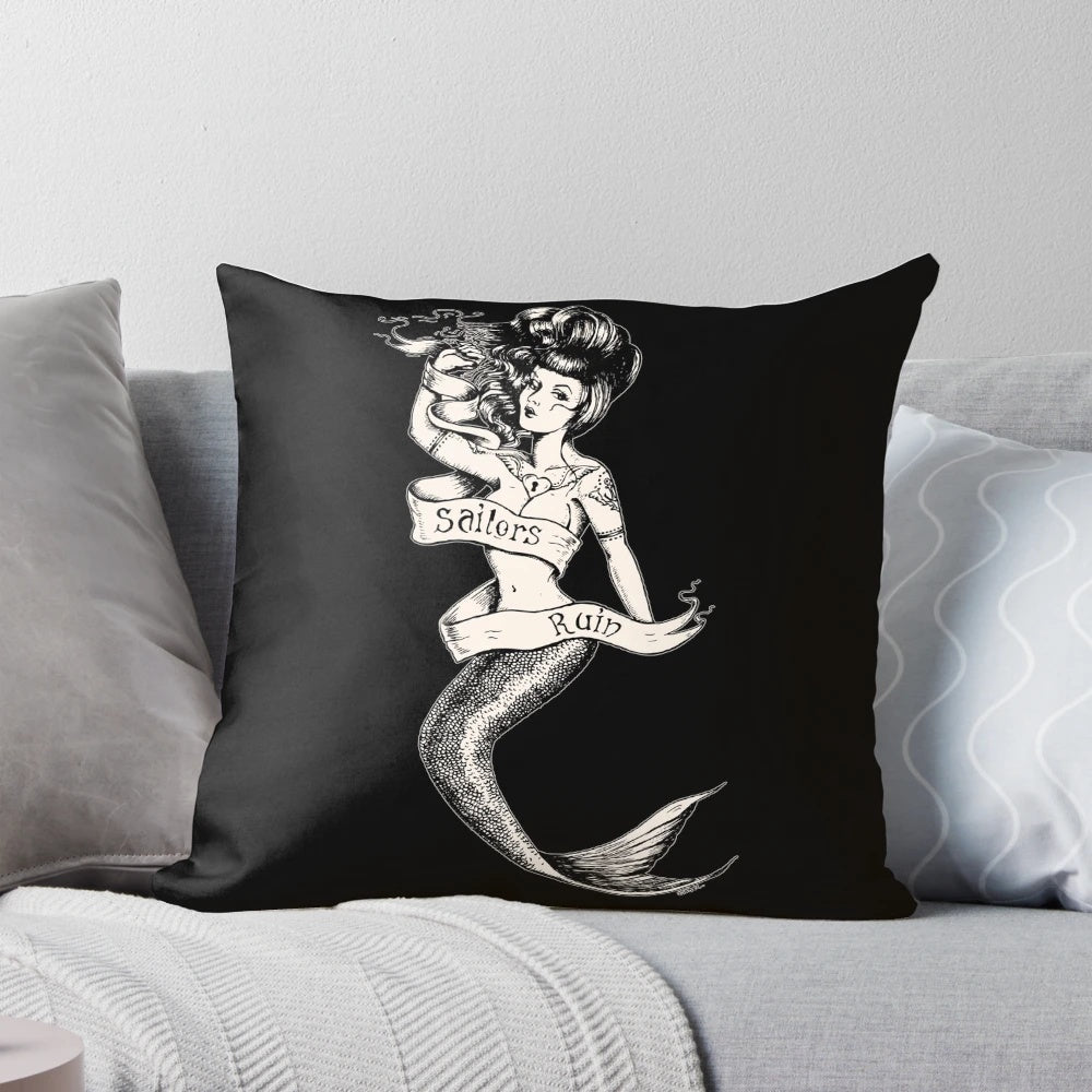 Vintage mermaid tattoo style decorative throw pillow with a sailor jerry inspired design.