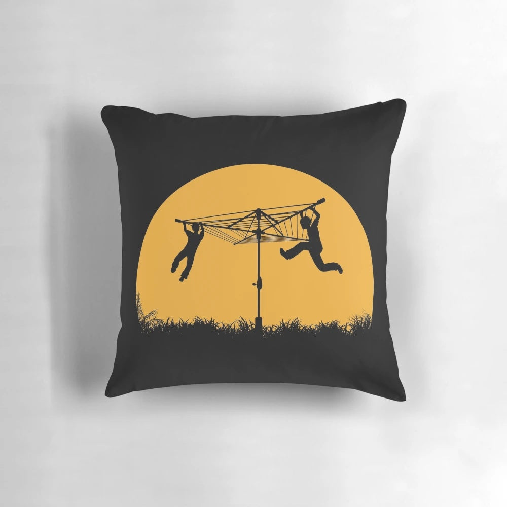 Merry-go-round sunset silhouette pillow with vintage vector art graphics