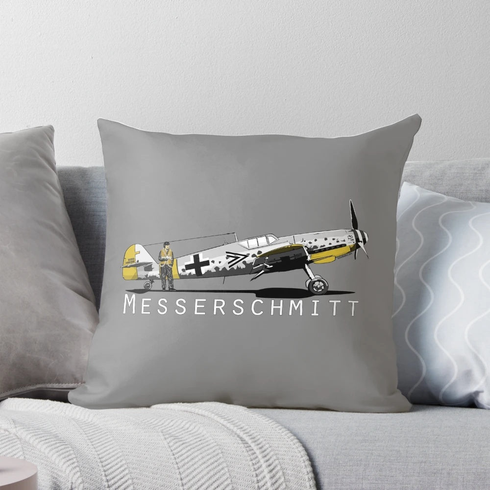 Soft, plush pillow featuring the iconic Messerschmitt BF 109 World War II German fighter aircraft.