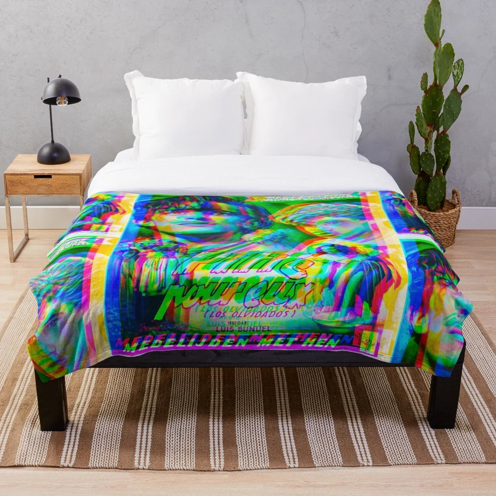 Vintage Mexican cinema-inspired glitch version plush blanket featuring the Belgian poster for Los Olvidados