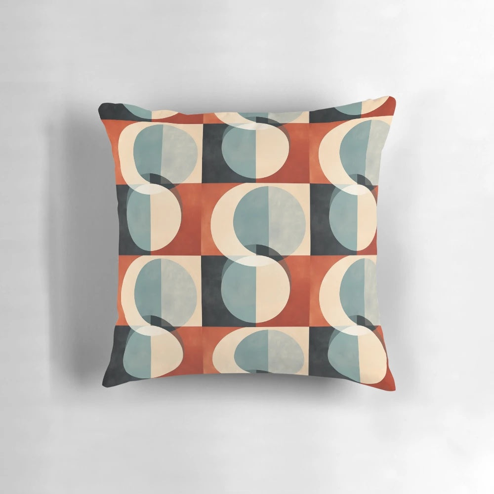 Mid century abstract retro geometric art pillow with overlapping circle pattern in gradient shades of rust and neutral tones