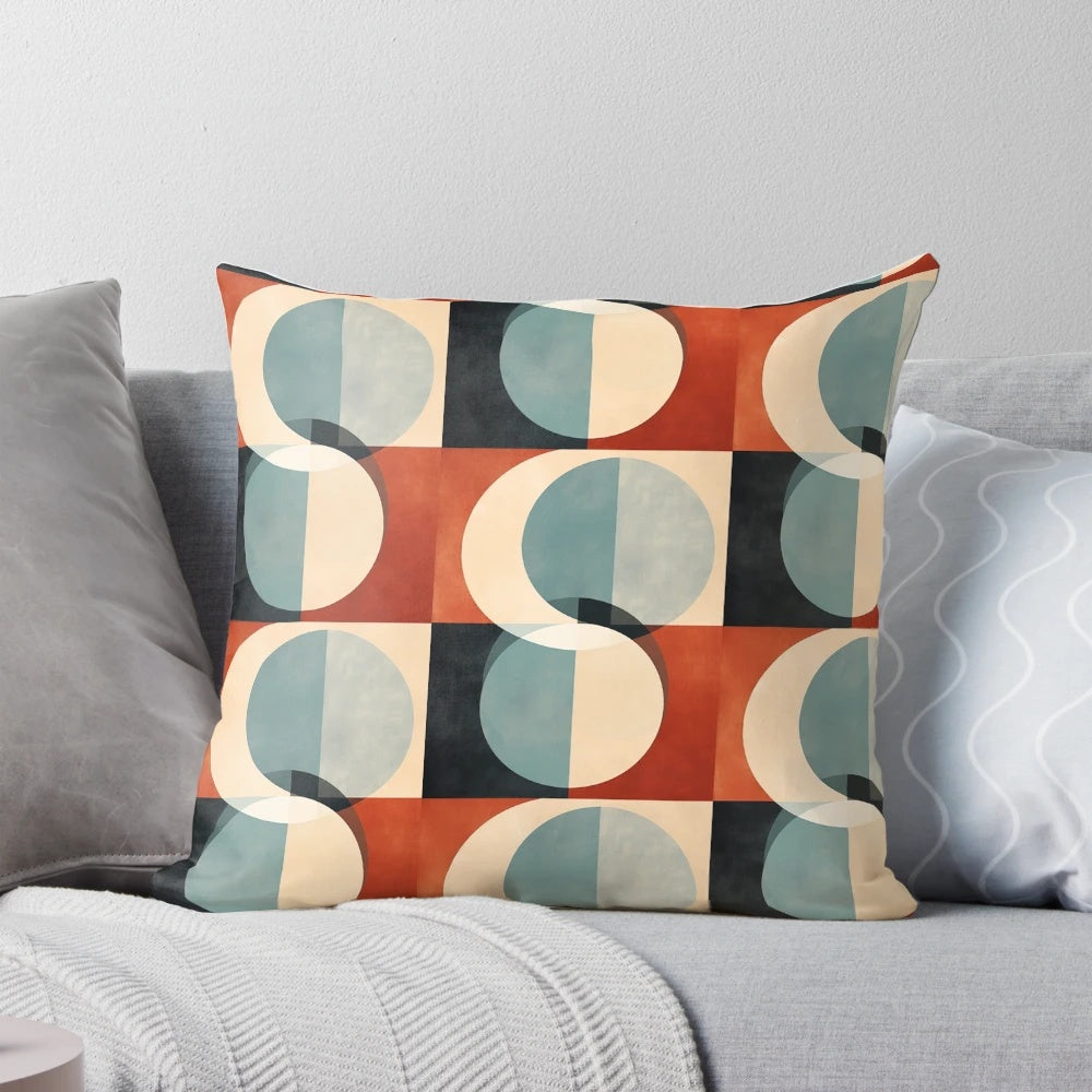 Mid century abstract retro geometric art pillow with overlapping circle pattern in gradient shades of rust and neutral tones