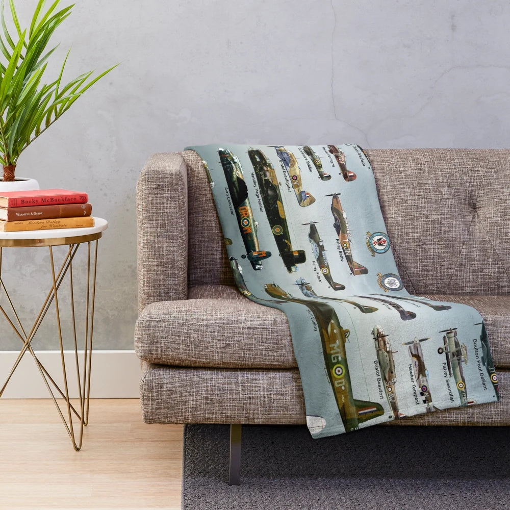 Plush blanket featuring vintage military aircraft from the Royal Air Force during World War 2