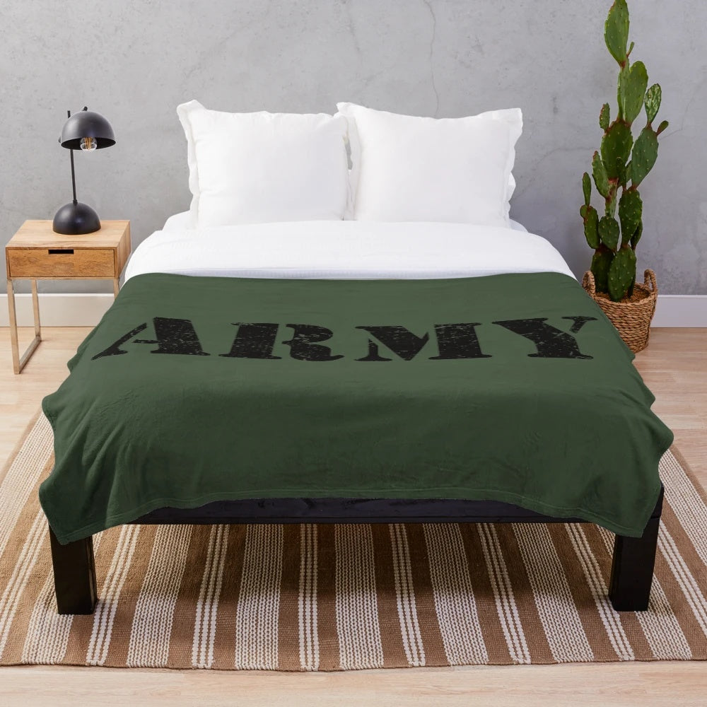 Vintage military-inspired plush blanket with classic army logo and distressed camouflage design