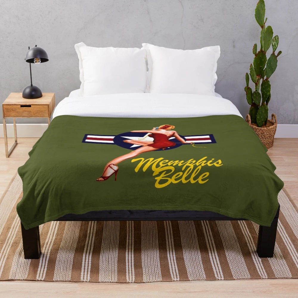 Vintage military-inspired plush blanket with retro air force insignia and pinup girl design
