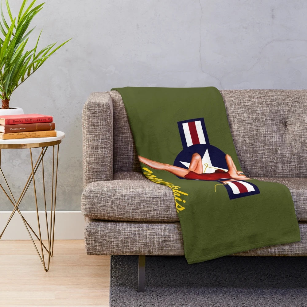 Vintage military-inspired plush blanket with retro air force insignia and pinup girl design