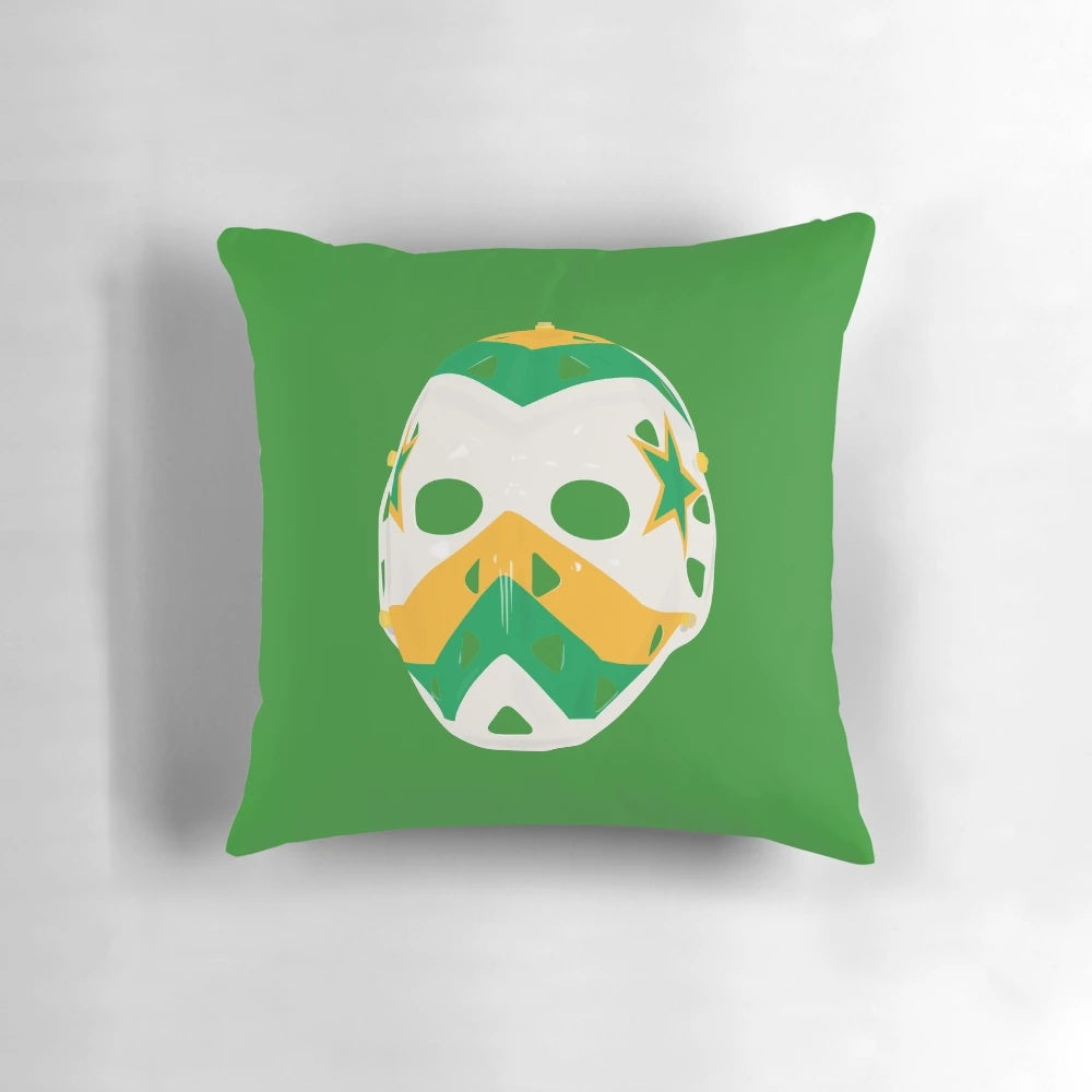 Vintage Minnesota North Stars hockey goalie mask pillow featuring retro team colors and logo