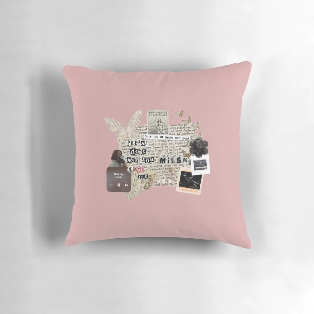 Vintage-inspired Mitski newspaper scrapbook design printed on a soft, cozy pillow.