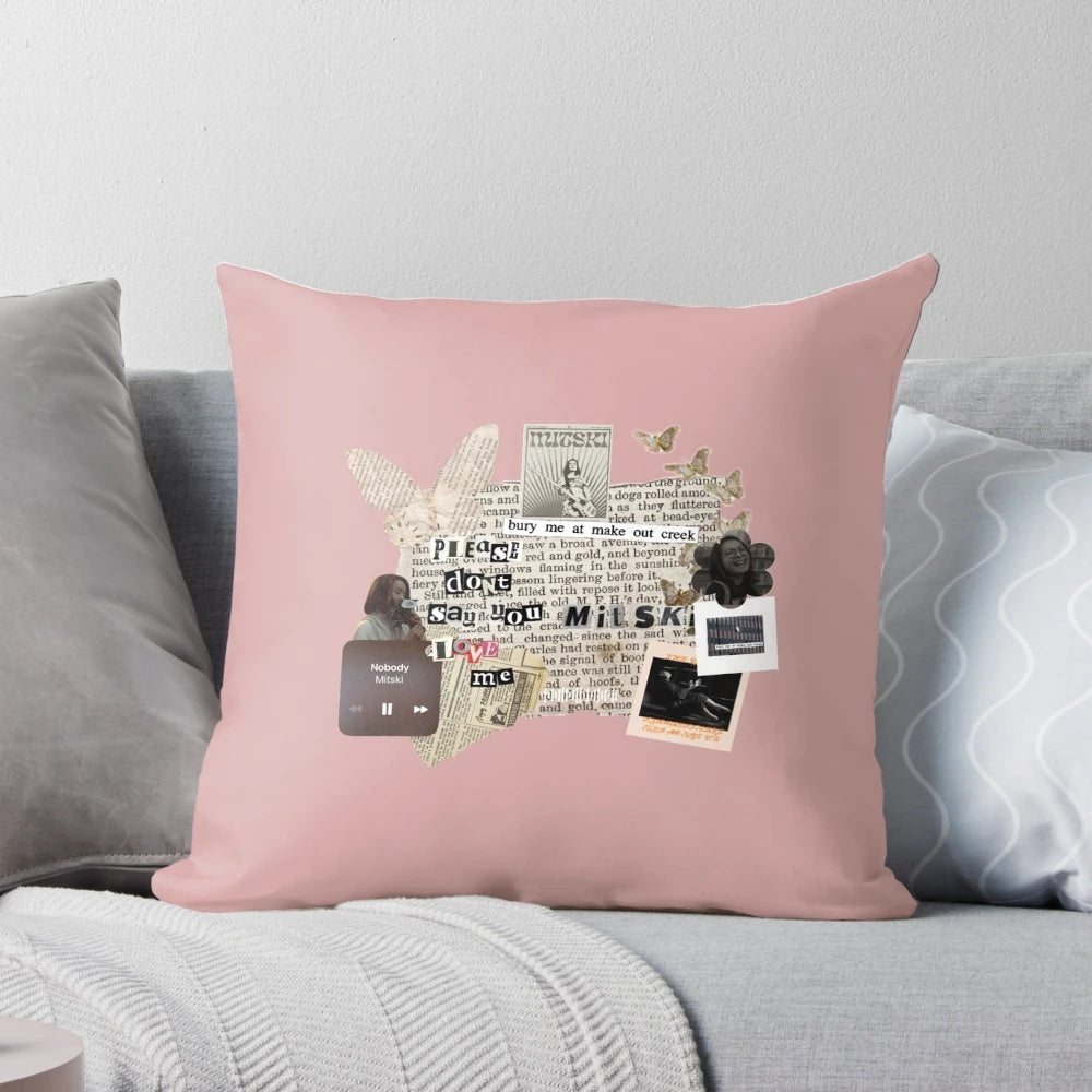 Vintage-inspired Mitski newspaper scrapbook design printed on a soft, cozy pillow.