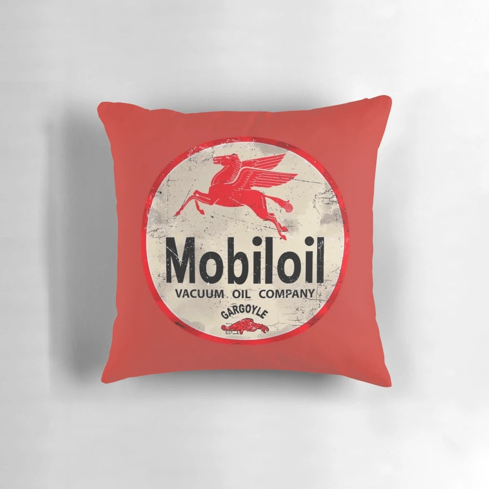 Vintage Mobiloil Gargoyle logo on a cozy throw pillow