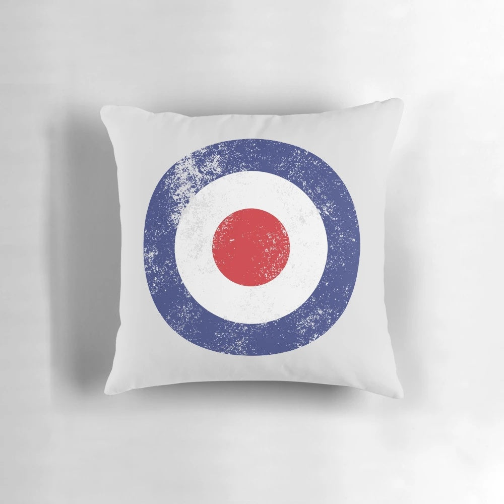 Vintage-style pillow featuring a distressed mod target logo design inspired by the iconic RAF type D roundel