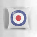Vintage-style pillow featuring a distressed mod target logo design inspired by the iconic RAF type D roundel