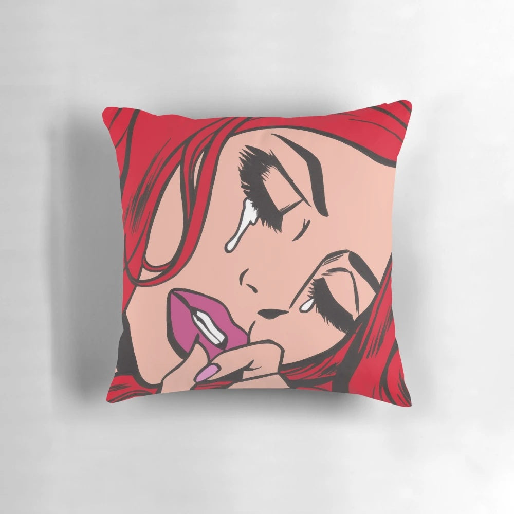 "Crying comic woman in vintage modern art style on a soft, comfortable pillow"