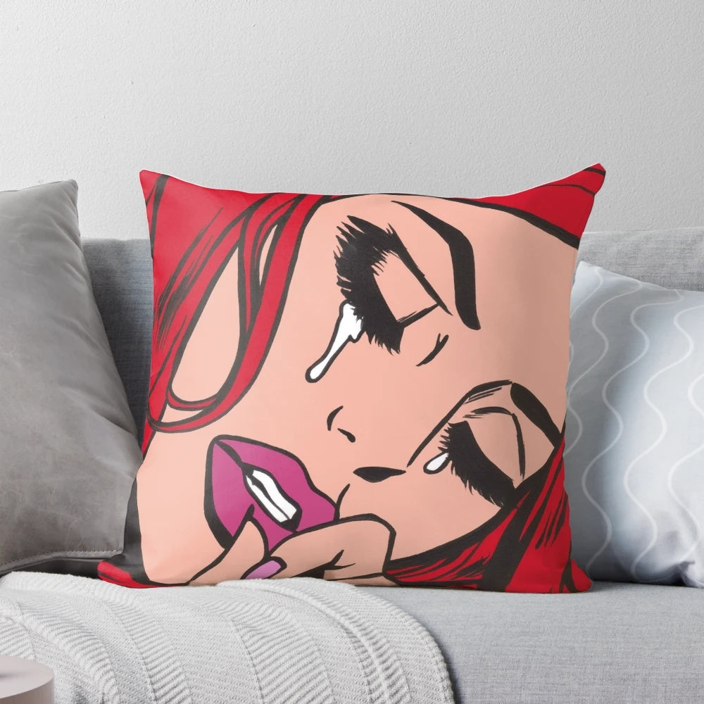 "Crying comic woman in vintage modern art style on a soft, comfortable pillow"