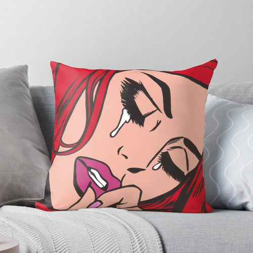 "Crying comic woman in vintage modern art style on a soft, comfortable pillow"