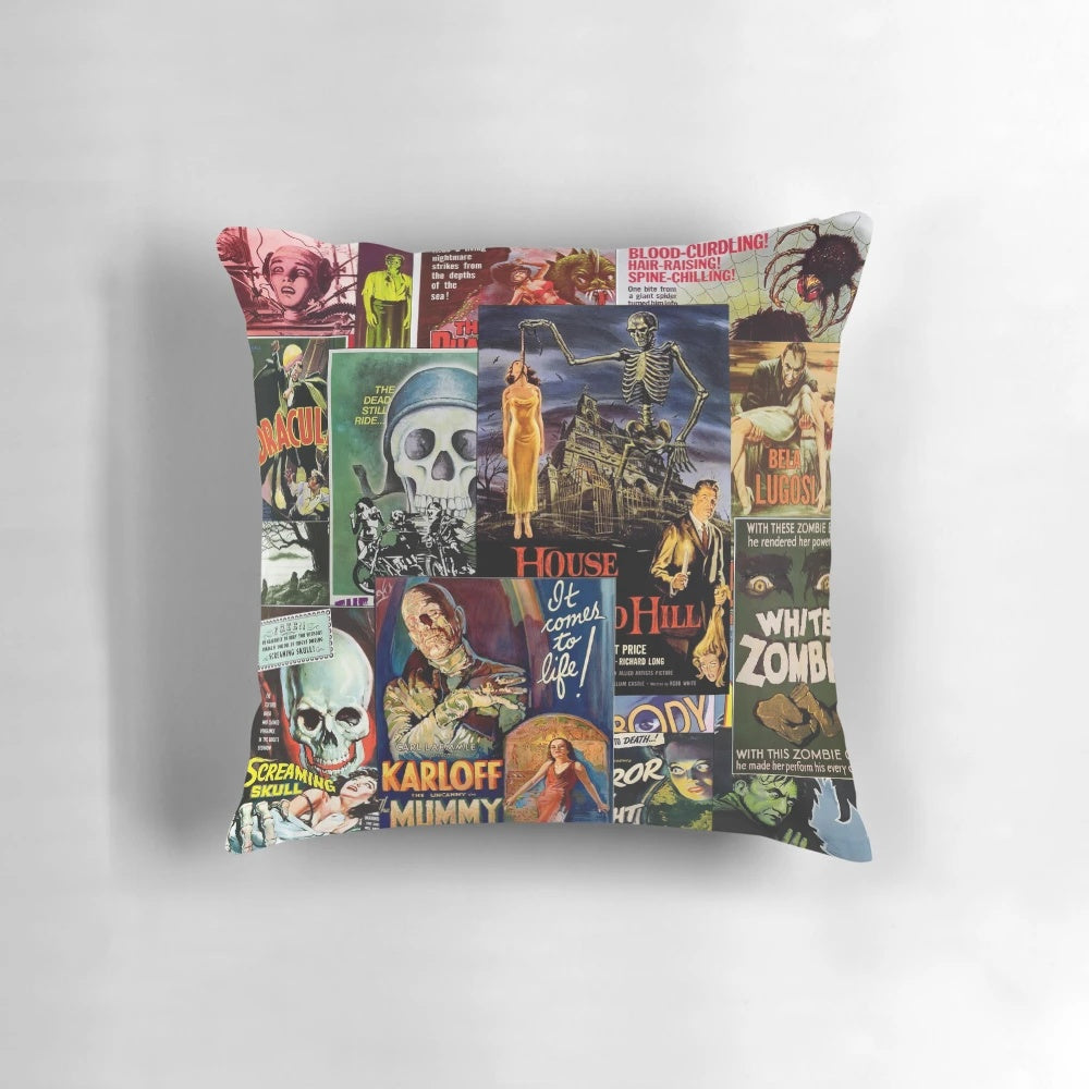 Vintage-inspired Monster Movies pillow featuring classic horror film icons