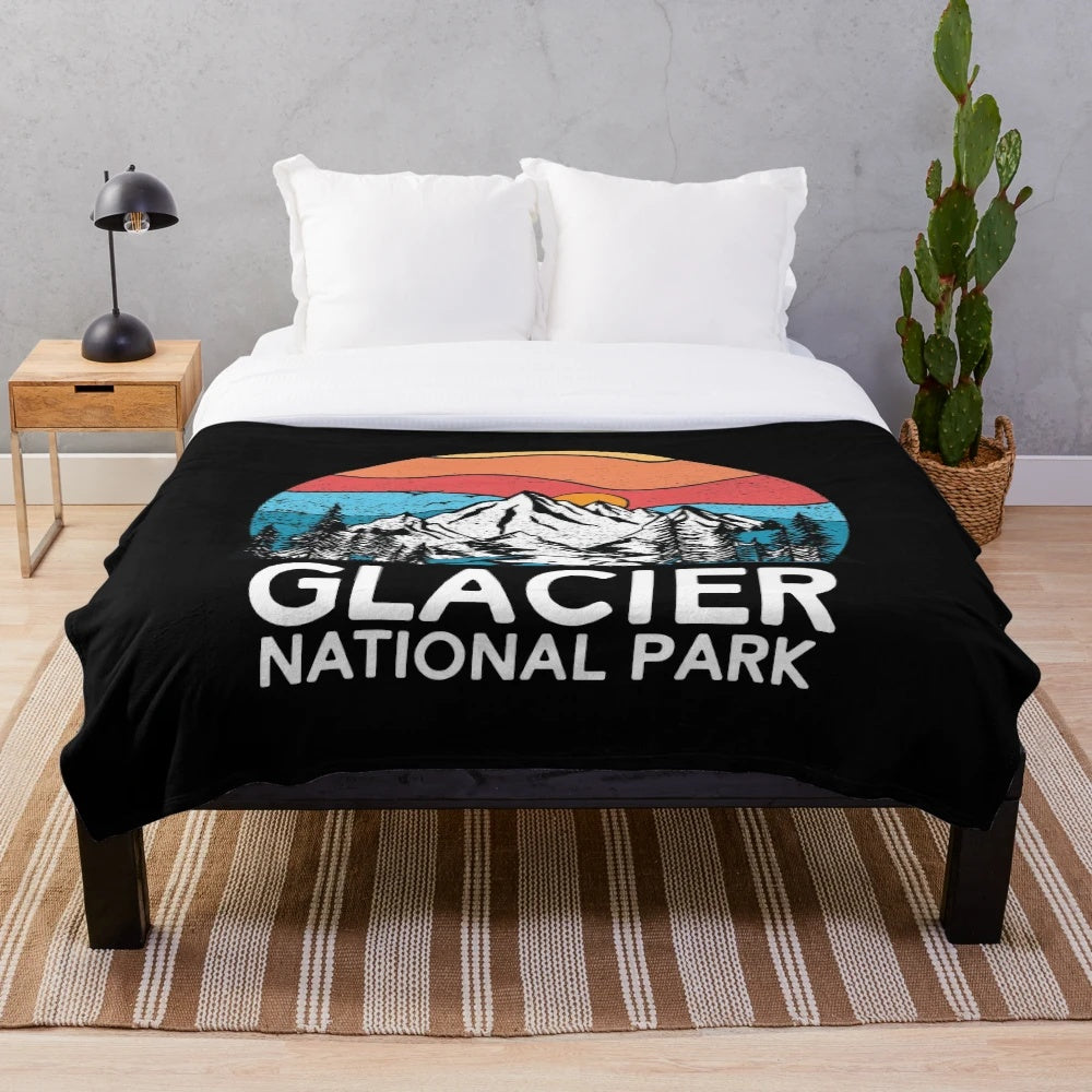 Vintage Montana mountain plush blanket with Glacier National Park inspired design