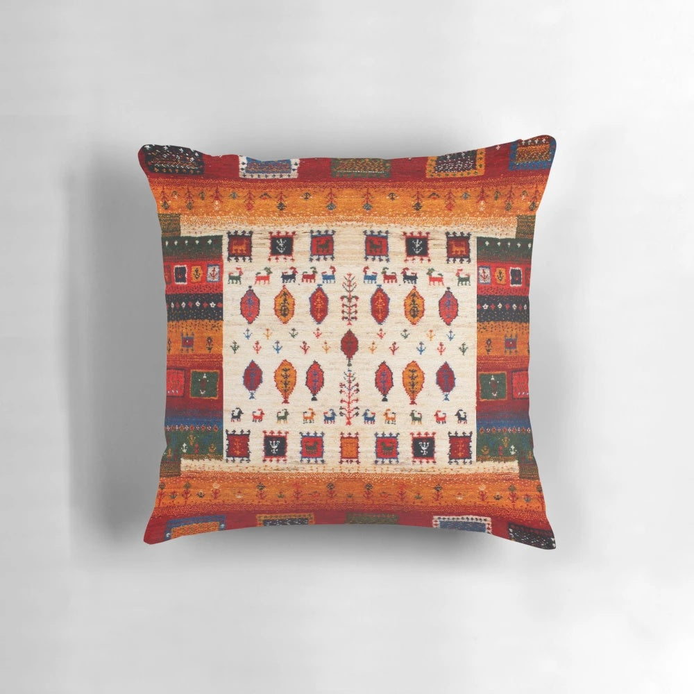 Vibrant, Bohemian-inspired Moroccan-style pillow in autumn colors and vintage fabric patterns.