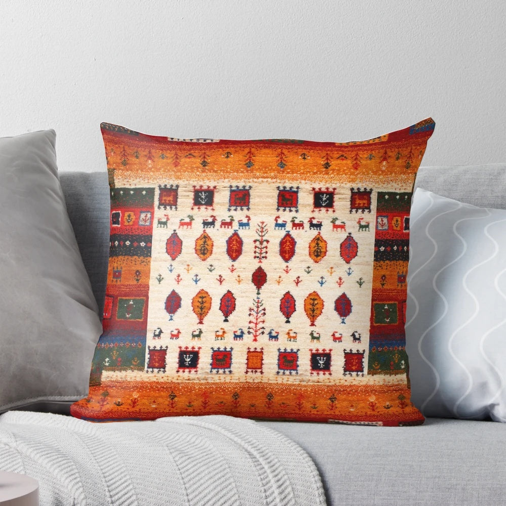 Vibrant, Bohemian-inspired Moroccan-style pillow in autumn colors and vintage fabric patterns.