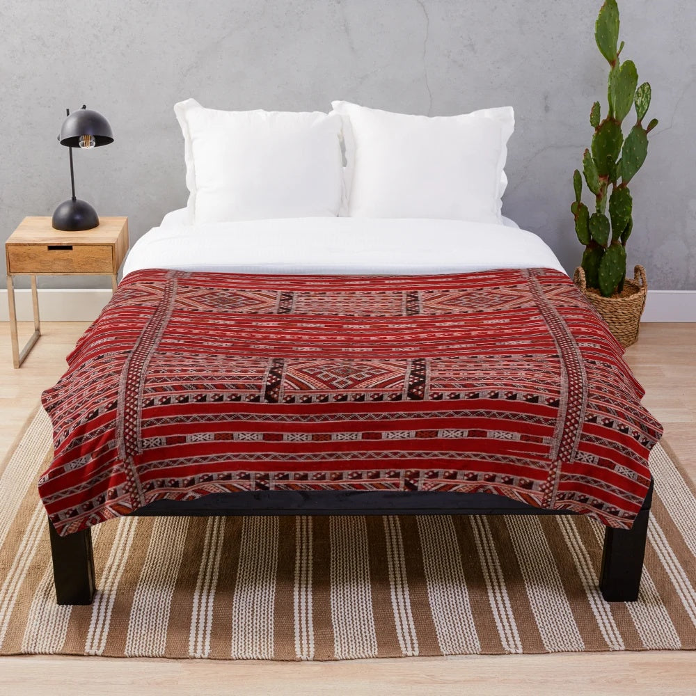 Vintage Moroccan pattern plush blanket in warm palette colors