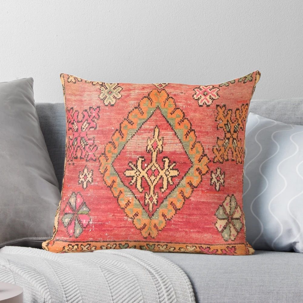 Vintage Moroccan-inspired pillow with abstract graphic design and traditional patterns