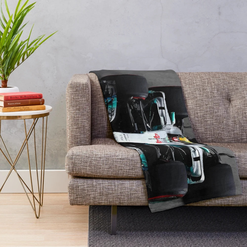 Vintage motorsport digital art illustration of Lewis Hamilton's Formula 1 car on a plush blanket