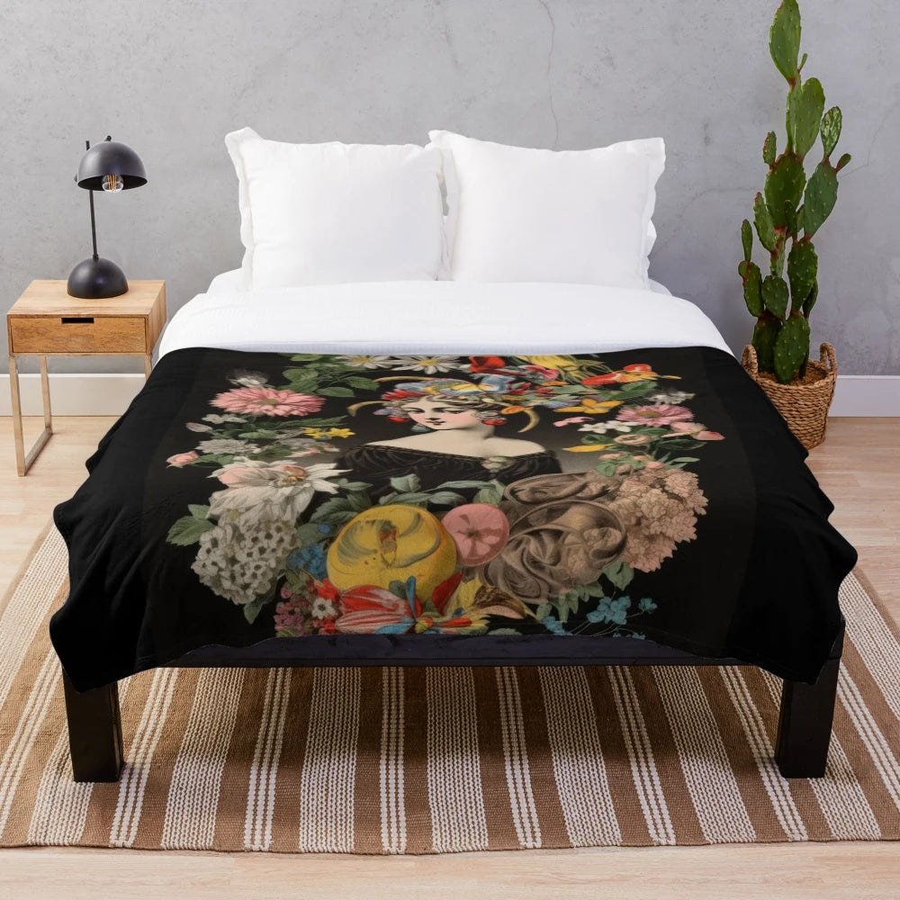 Vintage movie art plush blanket featuring classic film icons and old Hollywood imagery