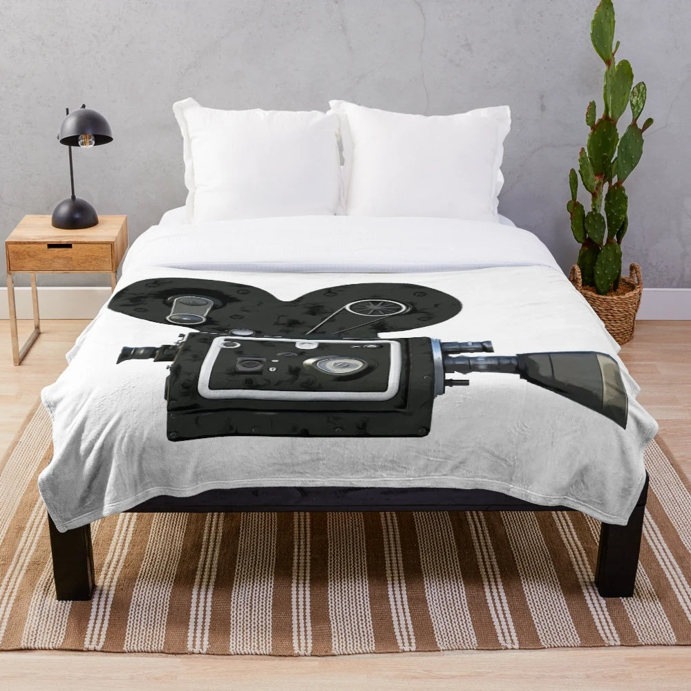 Vintage movie camera plush blanket with retro film reel design
