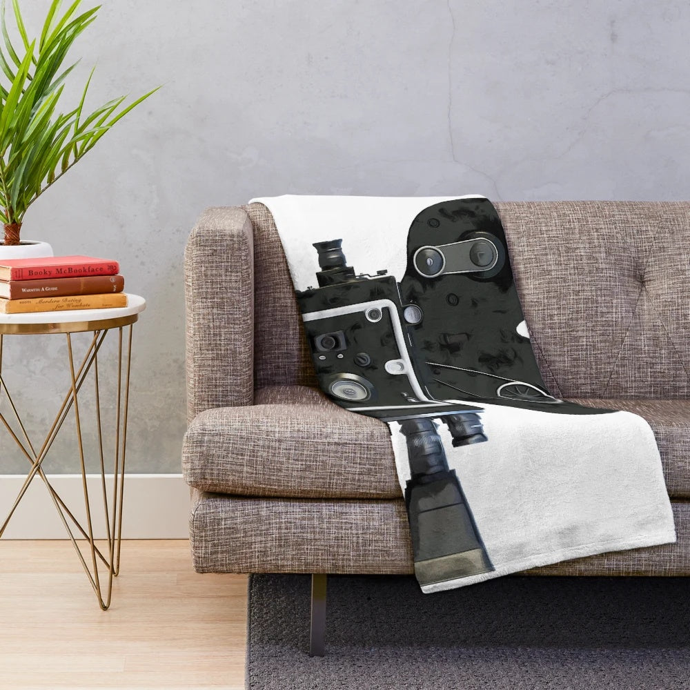 Vintage movie camera plush blanket with retro film reel design