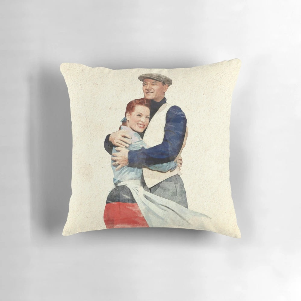Watercolor pillow featuring a vintage movie scene from "The Quiet Man" with John Wayne and Maureen O'Hara.