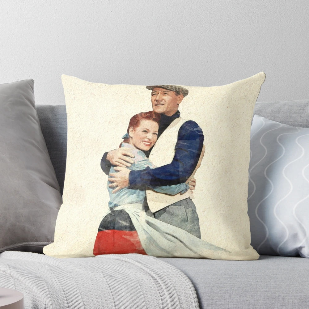 Watercolor pillow featuring a vintage movie scene from "The Quiet Man" with John Wayne and Maureen O'Hara.