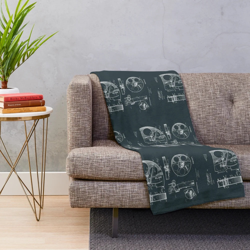 Vintage movie memorabilia plush blanket featuring 1915 cameraman patent drawings