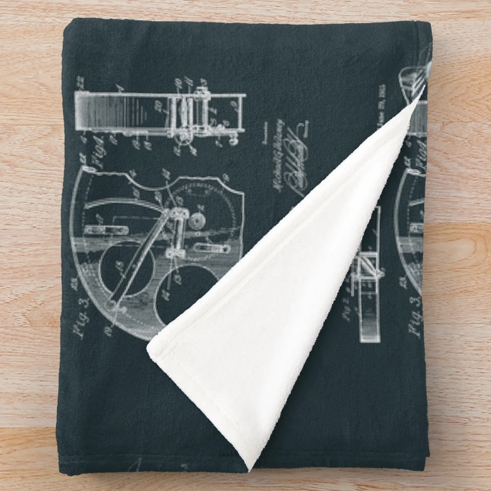 Vintage movie memorabilia plush blanket featuring 1915 cameraman patent drawings