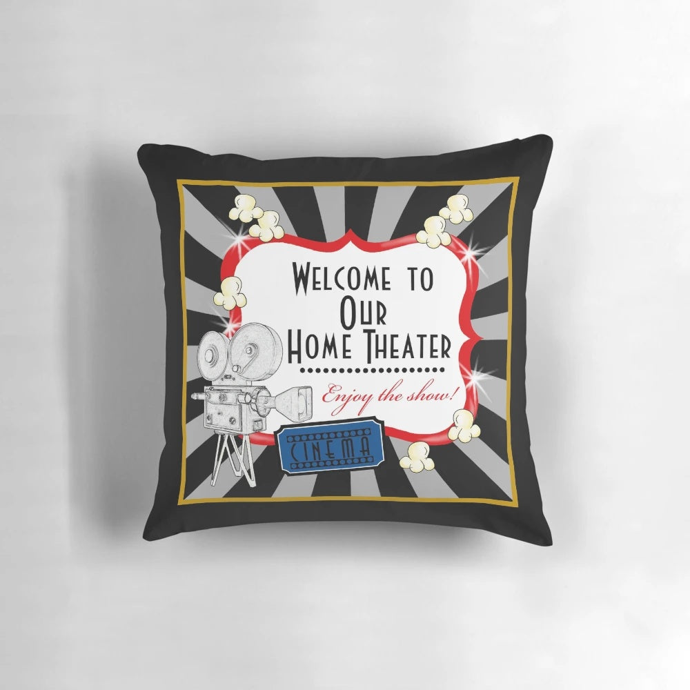 Vintage-style movie theater-inspired accent pillow with camera and popcorn design