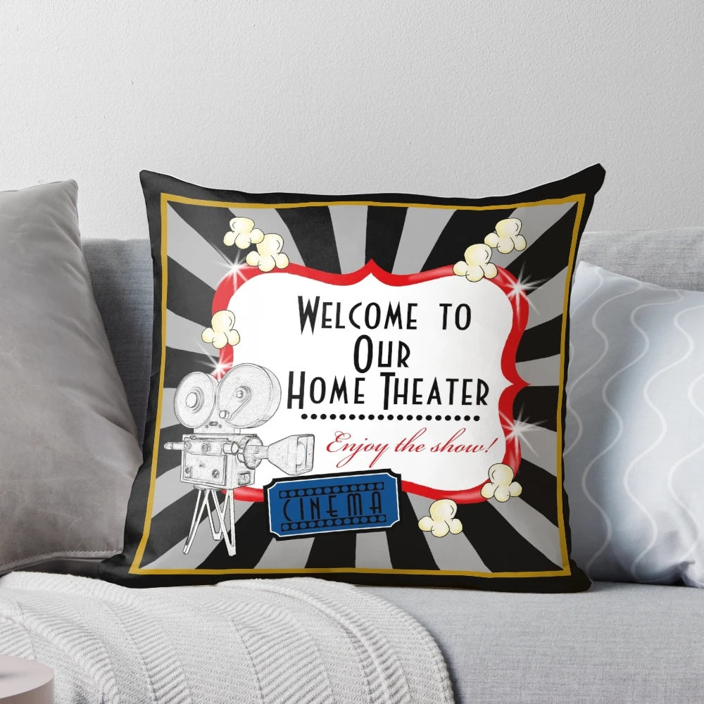 Vintage-style movie theater-inspired accent pillow with camera and popcorn design