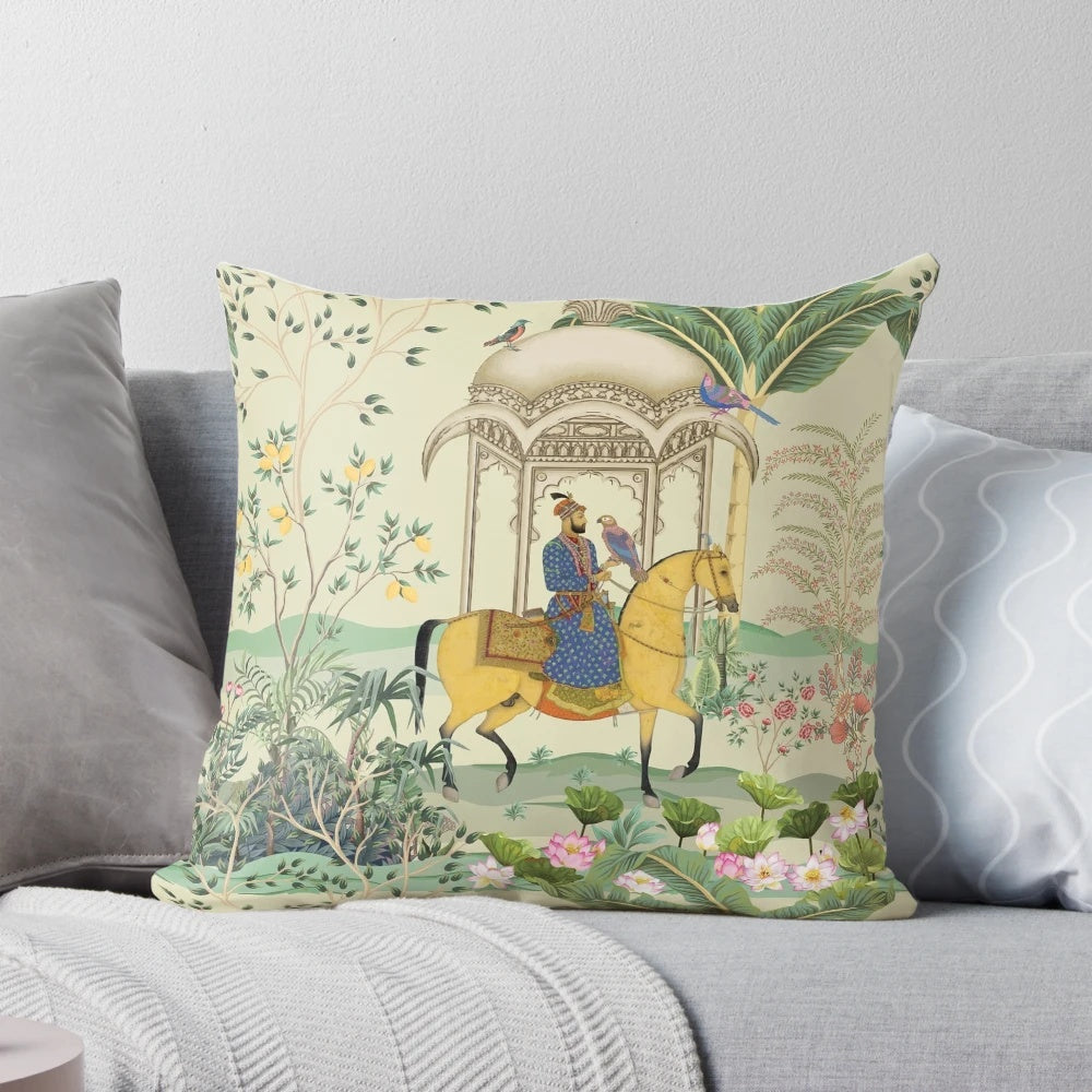 Antique illustration of a Mughal king riding a horse in a lush garden