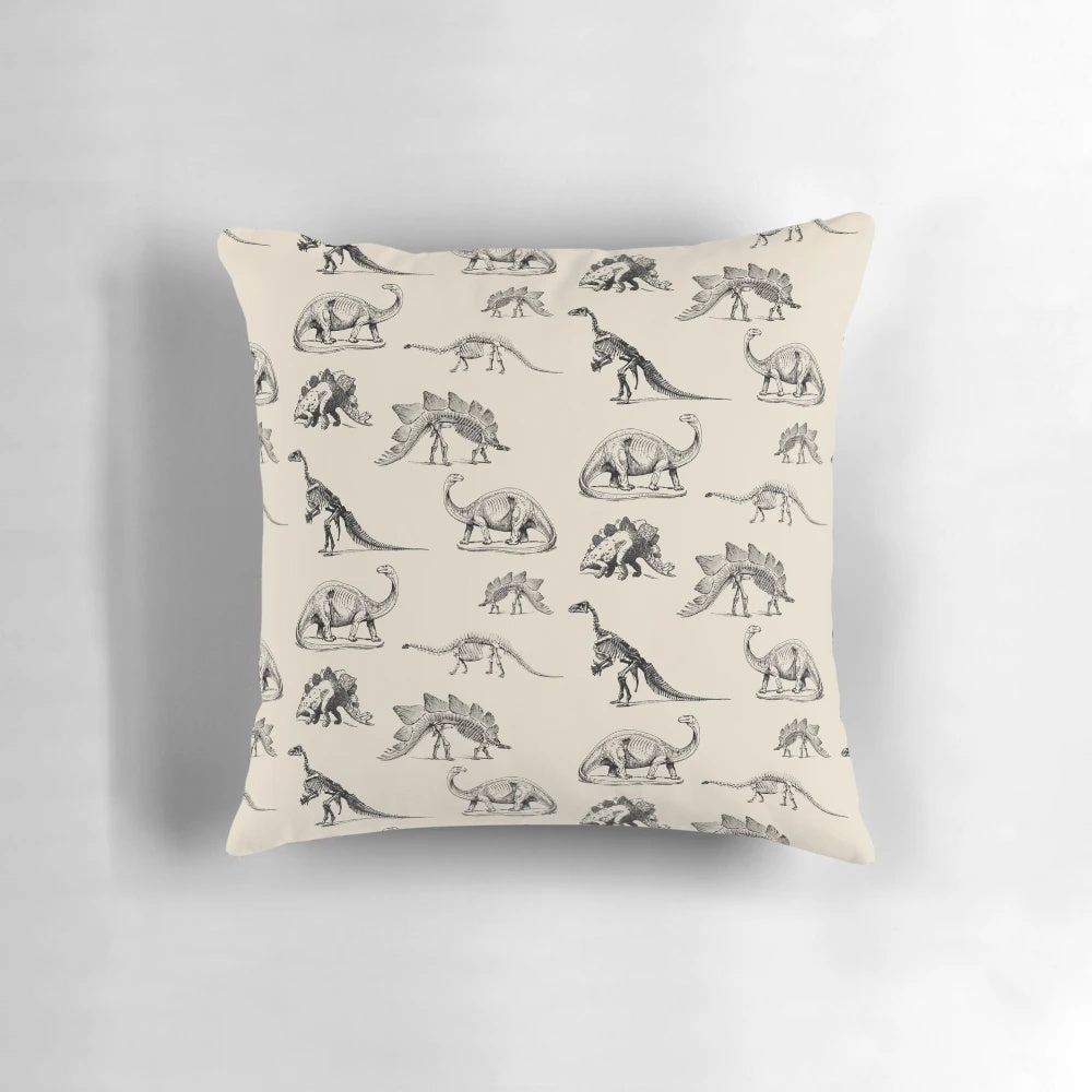 Vintage black and cream dinosaur skeleton illustration pillow