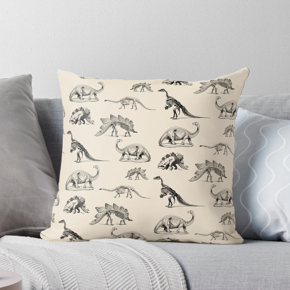Vintage black and cream dinosaur skeleton illustration pillow