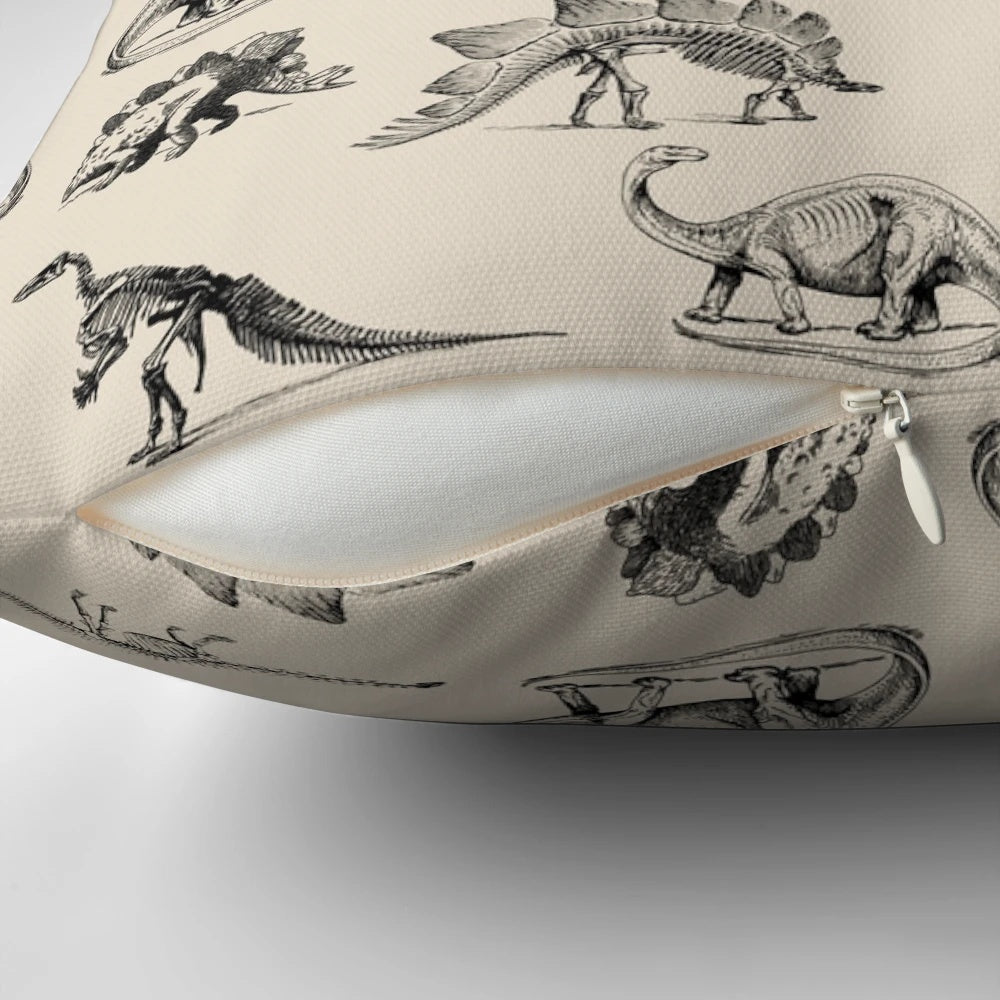 Vintage black and cream dinosaur skeleton illustration pillow