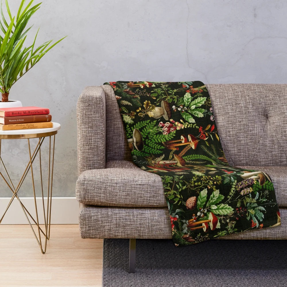 Vintage Mushroom Botanical Pattern Plush Blanket