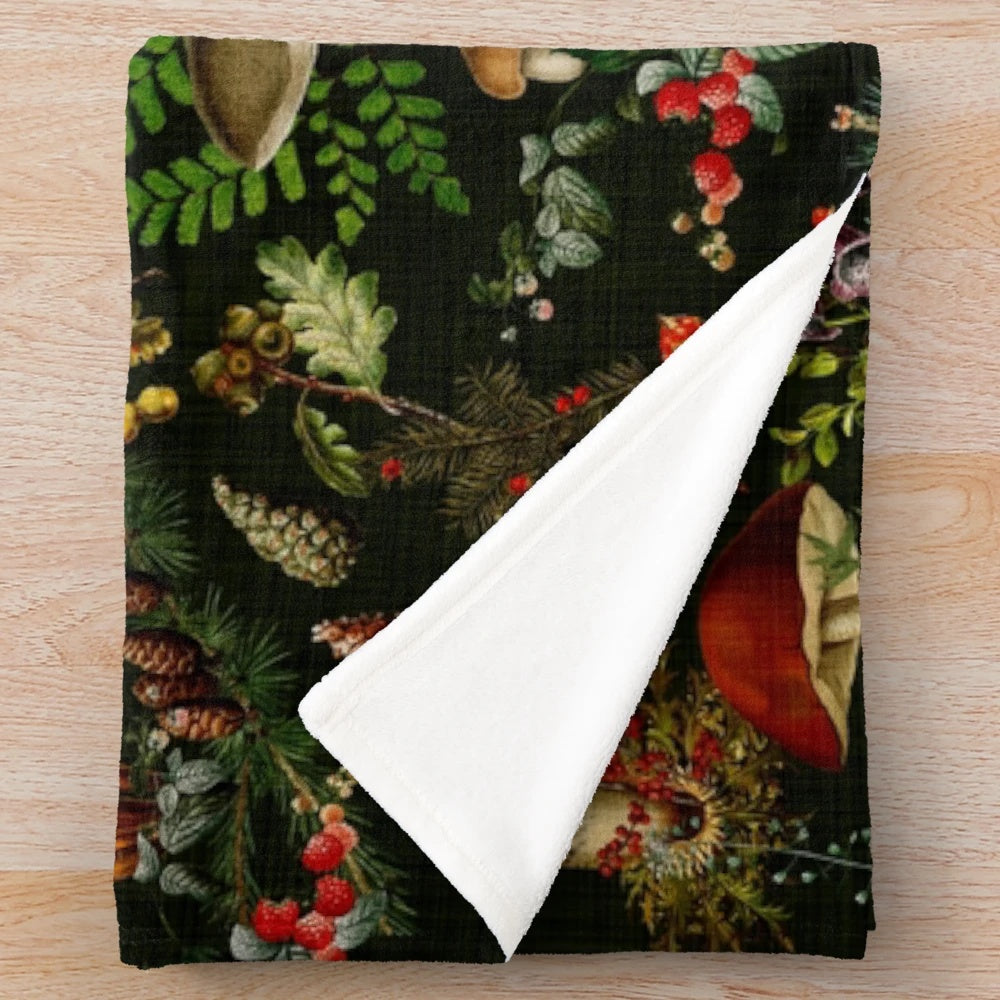 Vintage Mushroom Botanical Pattern Plush Blanket