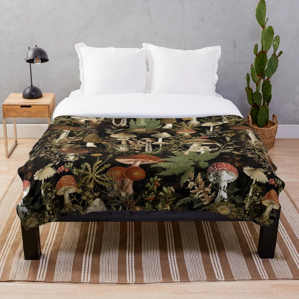 Vintage botanical plush blanket with mushroom and floral pattern