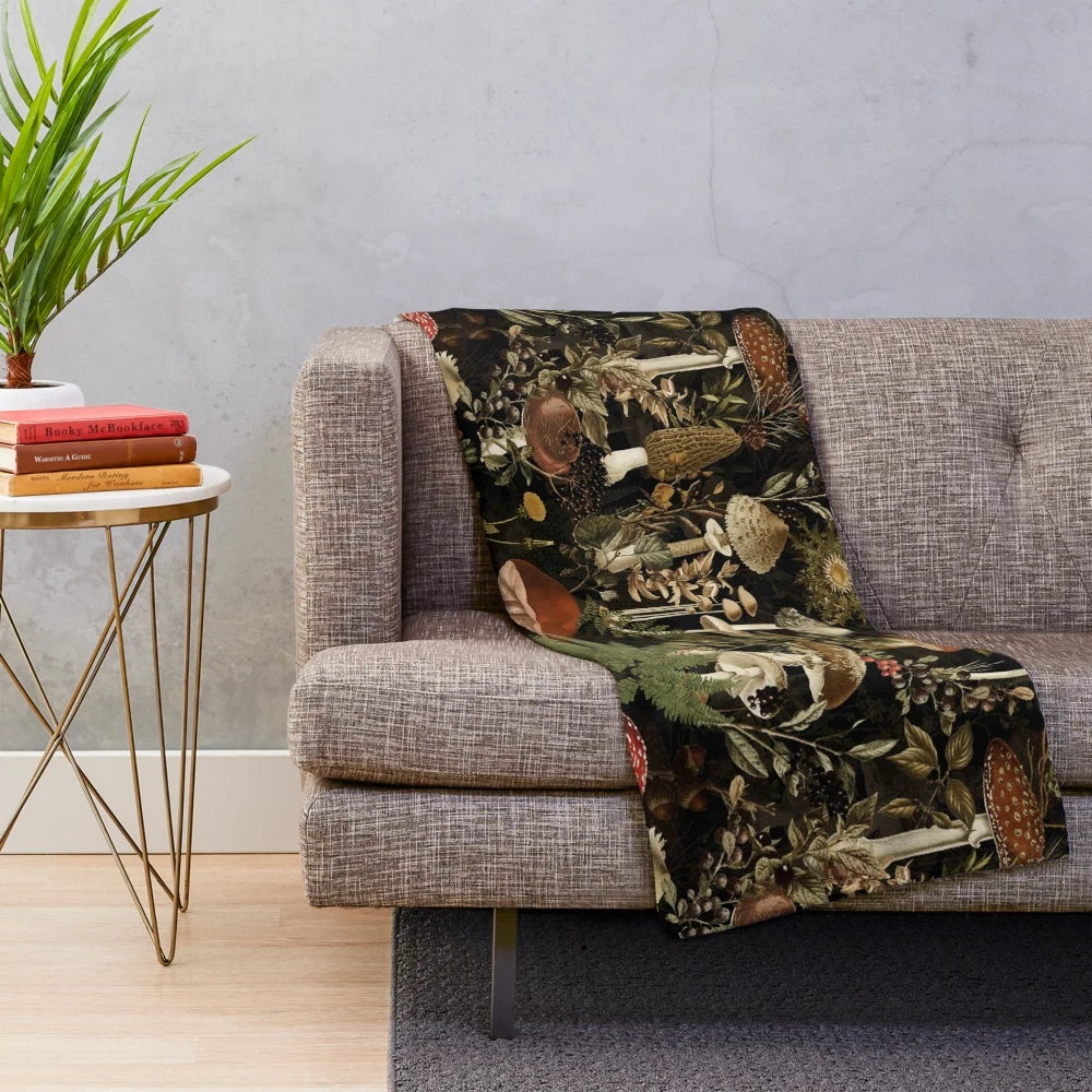 Vintage botanical plush blanket with mushroom and floral pattern