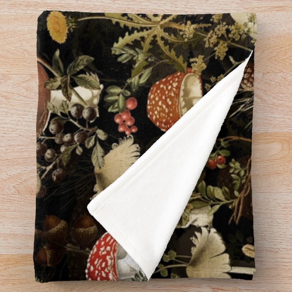 Vintage botanical plush blanket with mushroom and floral pattern