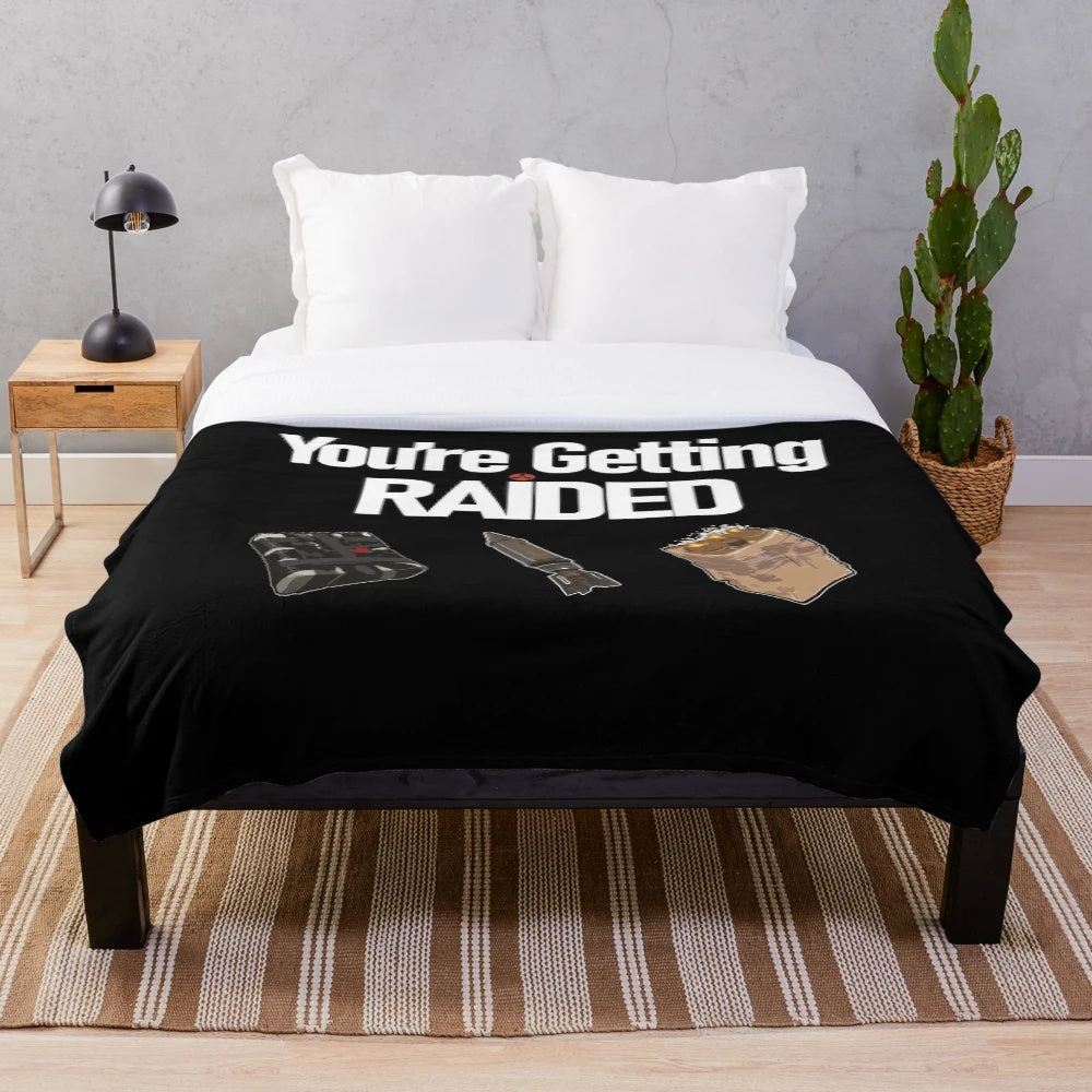 Vintage music-themed plush blanket featuring Rust video game elements