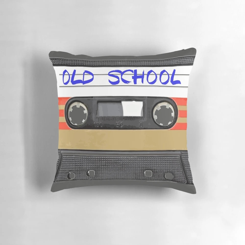 Vintage-style music-themed throw pillow with classic audio elements