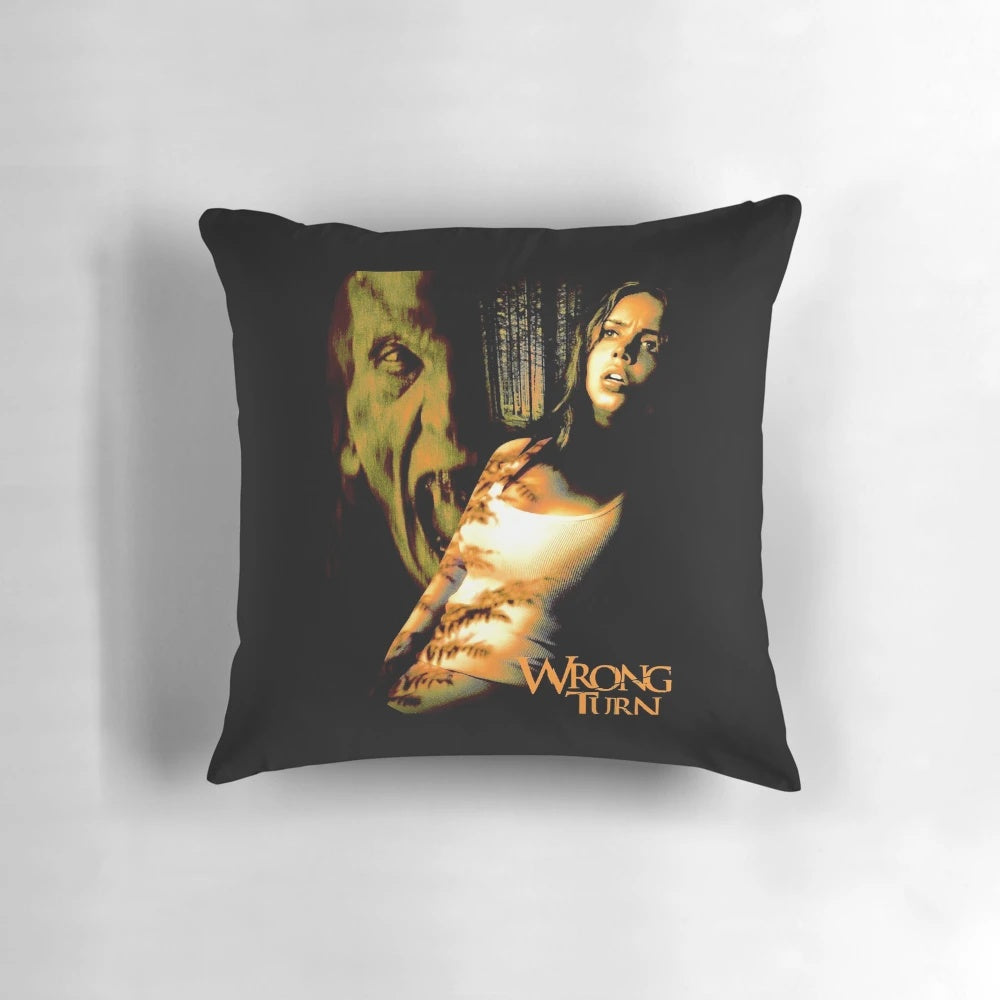 Vintage-style pillow with music and horror movie references for Wrong Turn fans