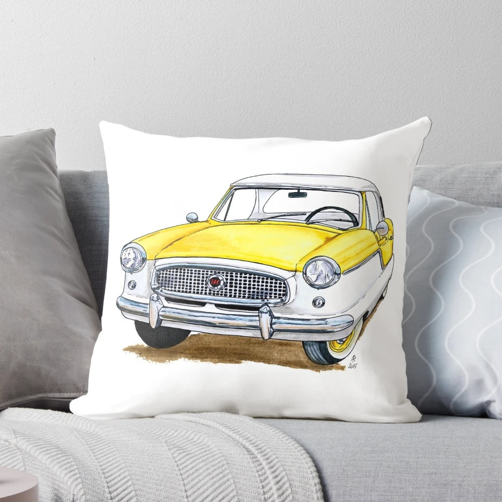 Vintage Nash Metropolitan yellow throw pillow with classic 1950s car design