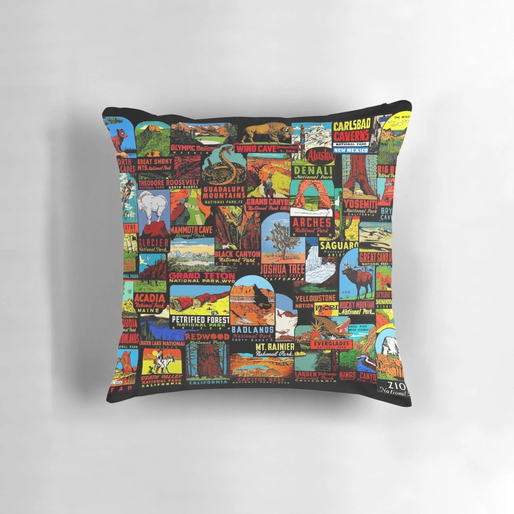 Vintage-inspired travel decal collage throw pillow featuring national park imagery and retro graffiti elements.