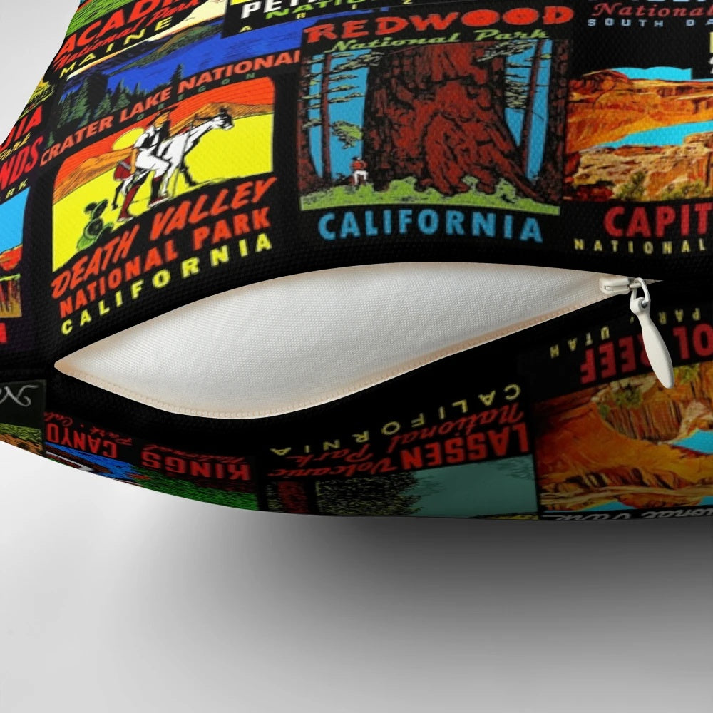 Vintage-inspired travel decal collage throw pillow featuring national park imagery and retro graffiti elements.